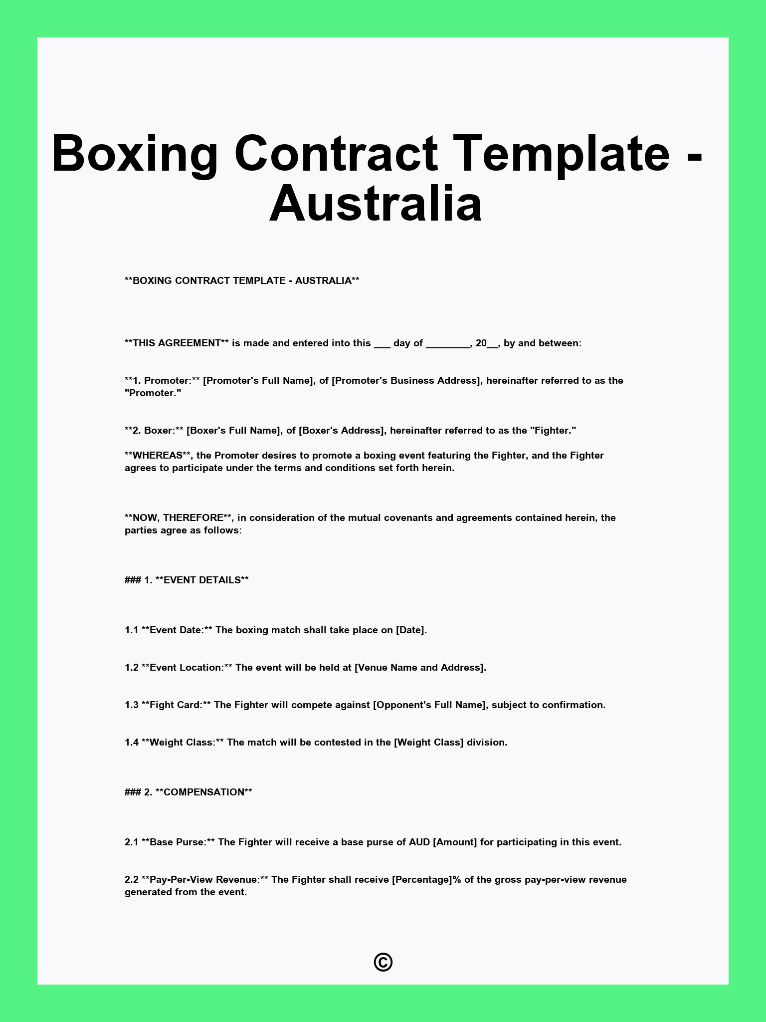 Boxing Contract Template - Australia