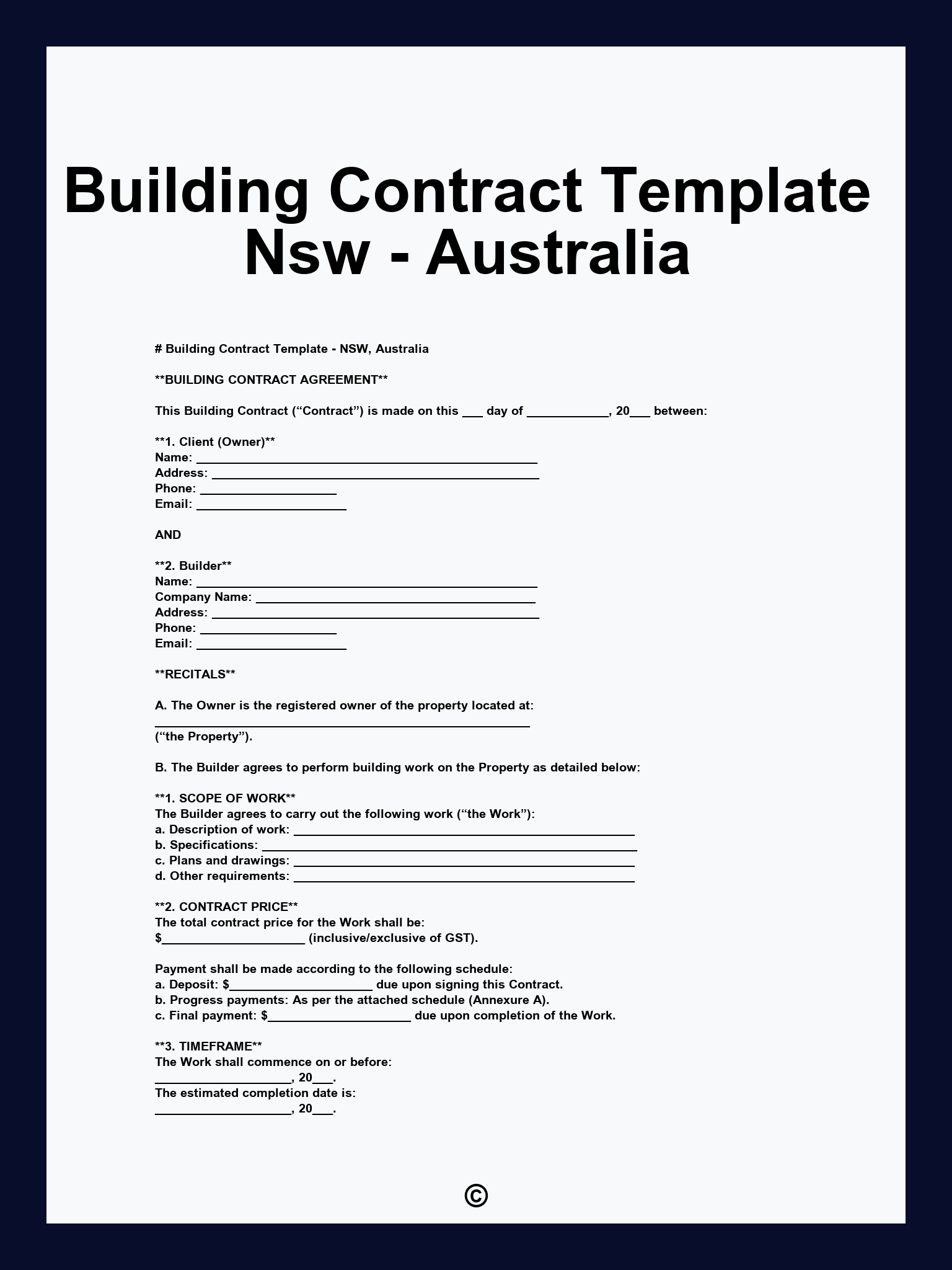 Building Contract Template Nsw - Australia