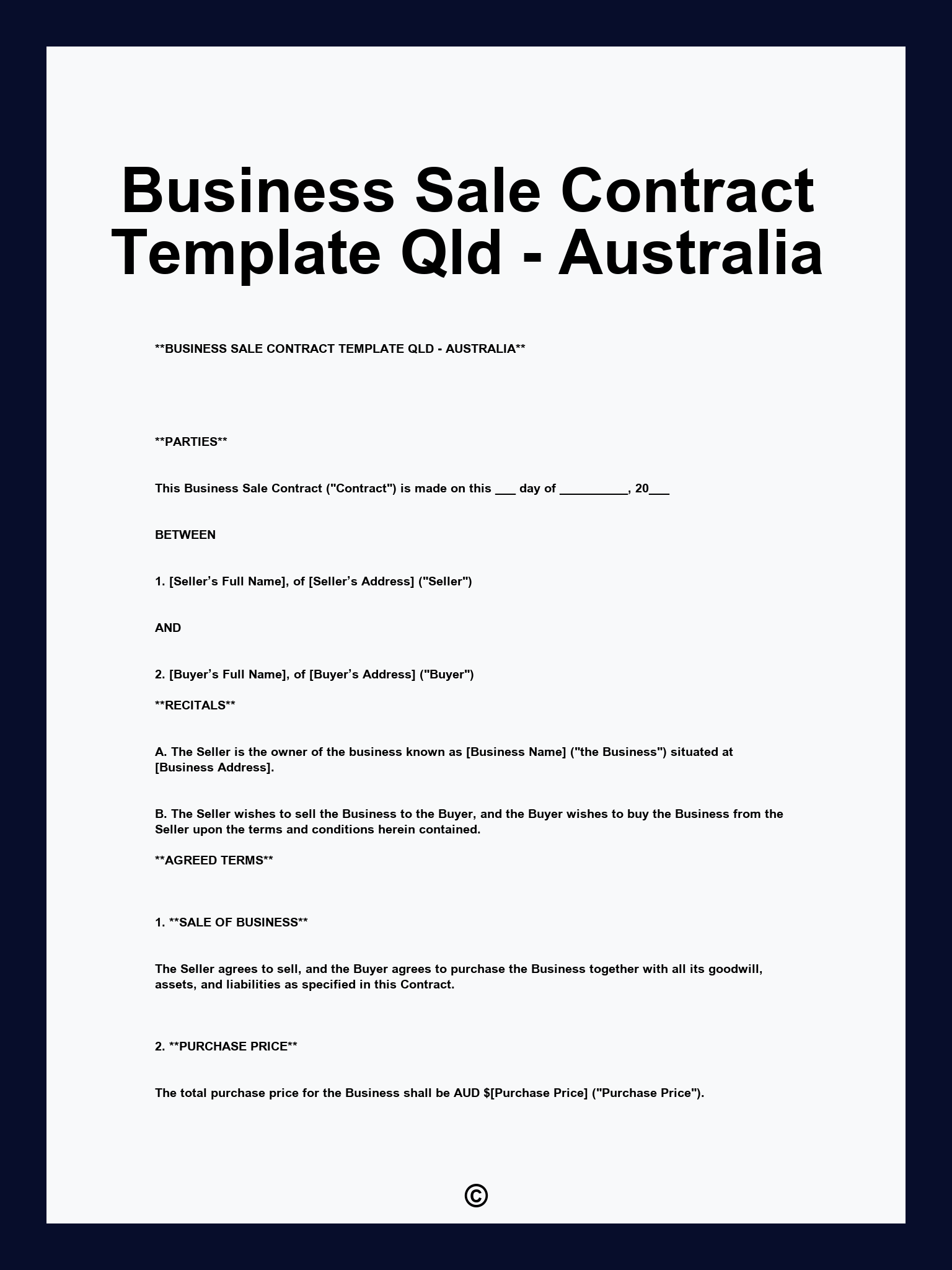 Business Sale Contract Template Qld - Australia