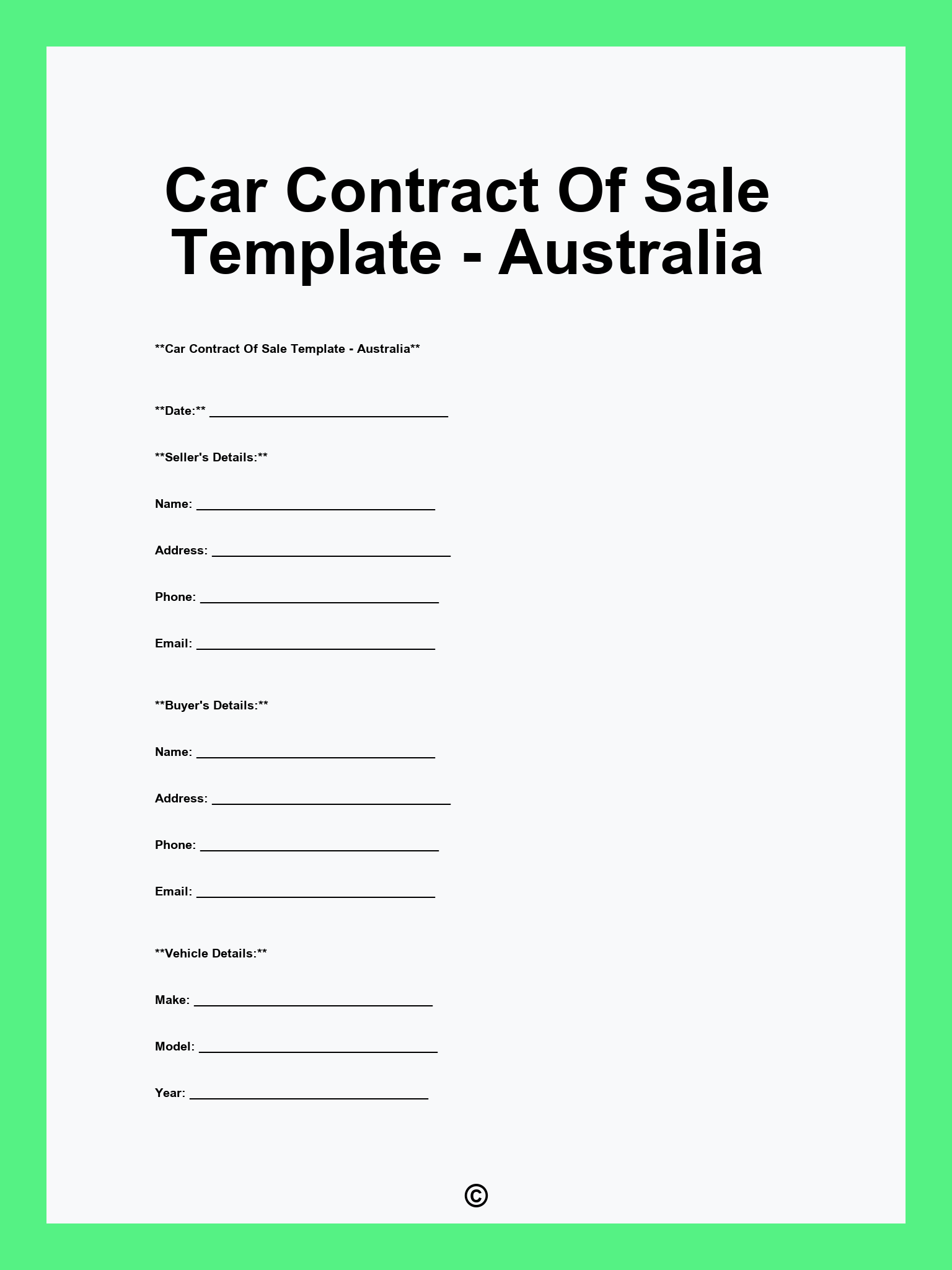 Car Contract Of Sale Template - Australia