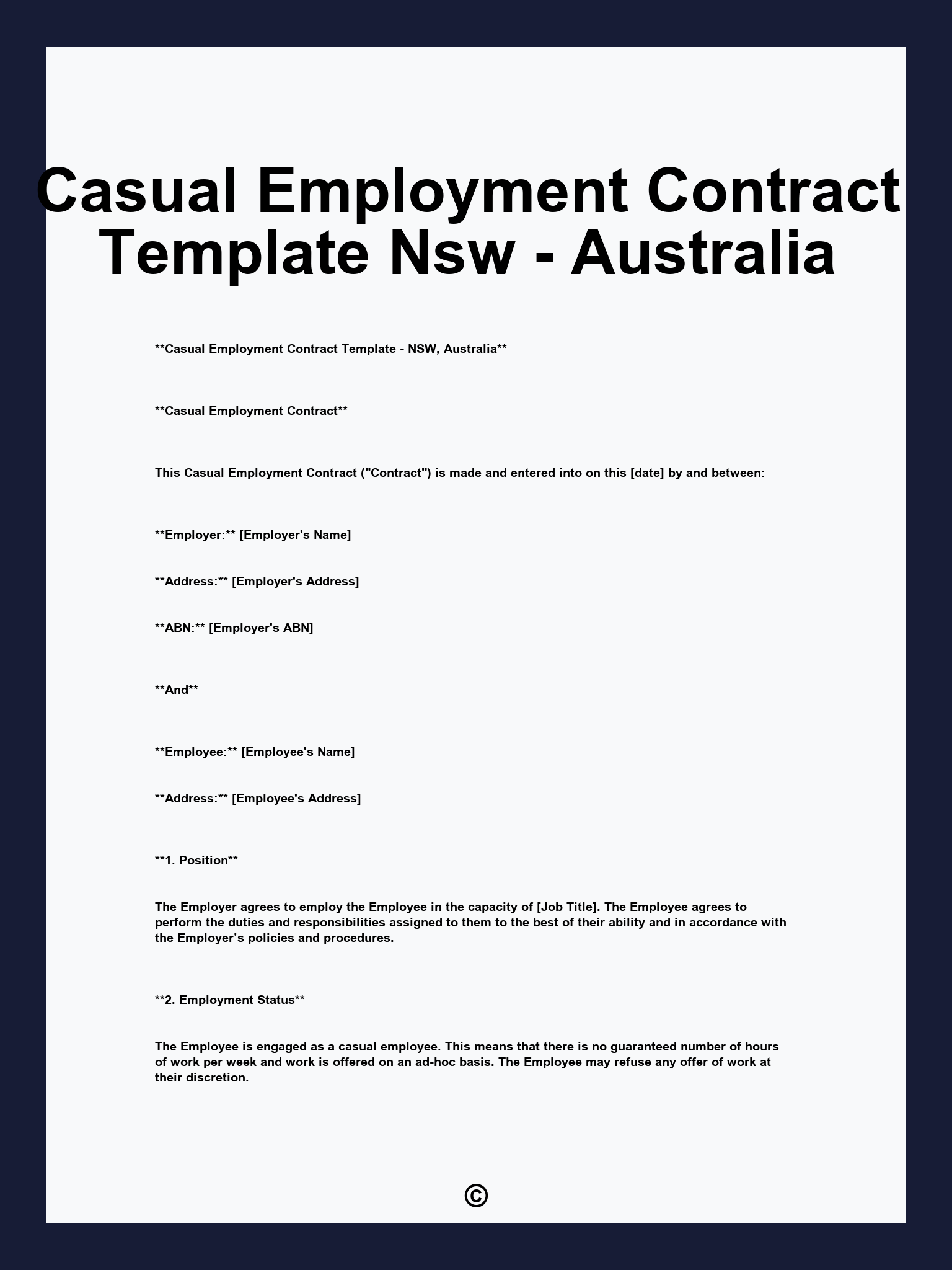 Casual Employment Contract Template Nsw - Australia