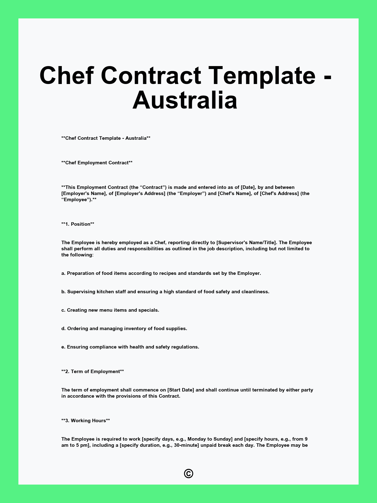 Chef Contract Template - Australia
