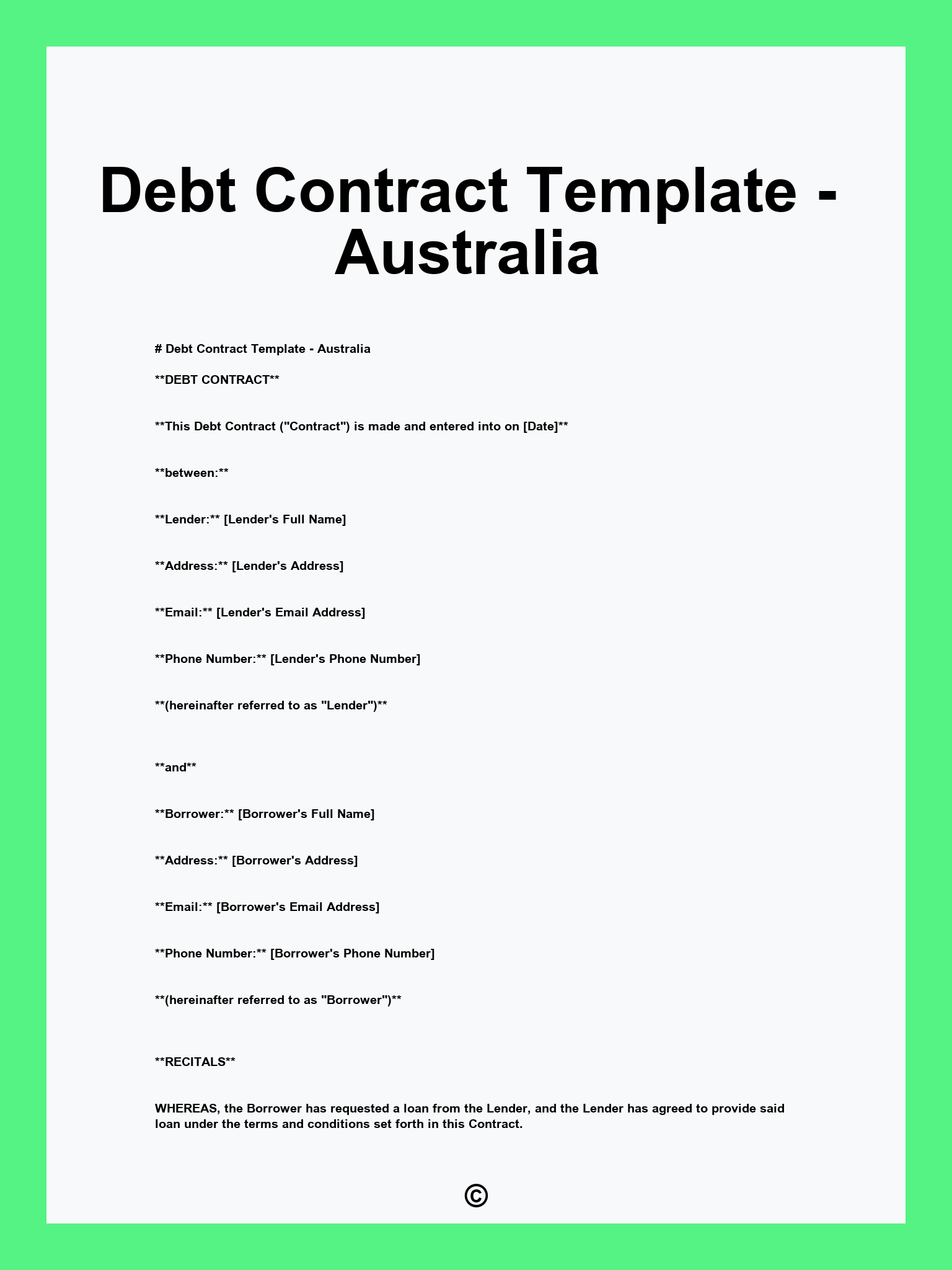 Debt Contract Template - Australia