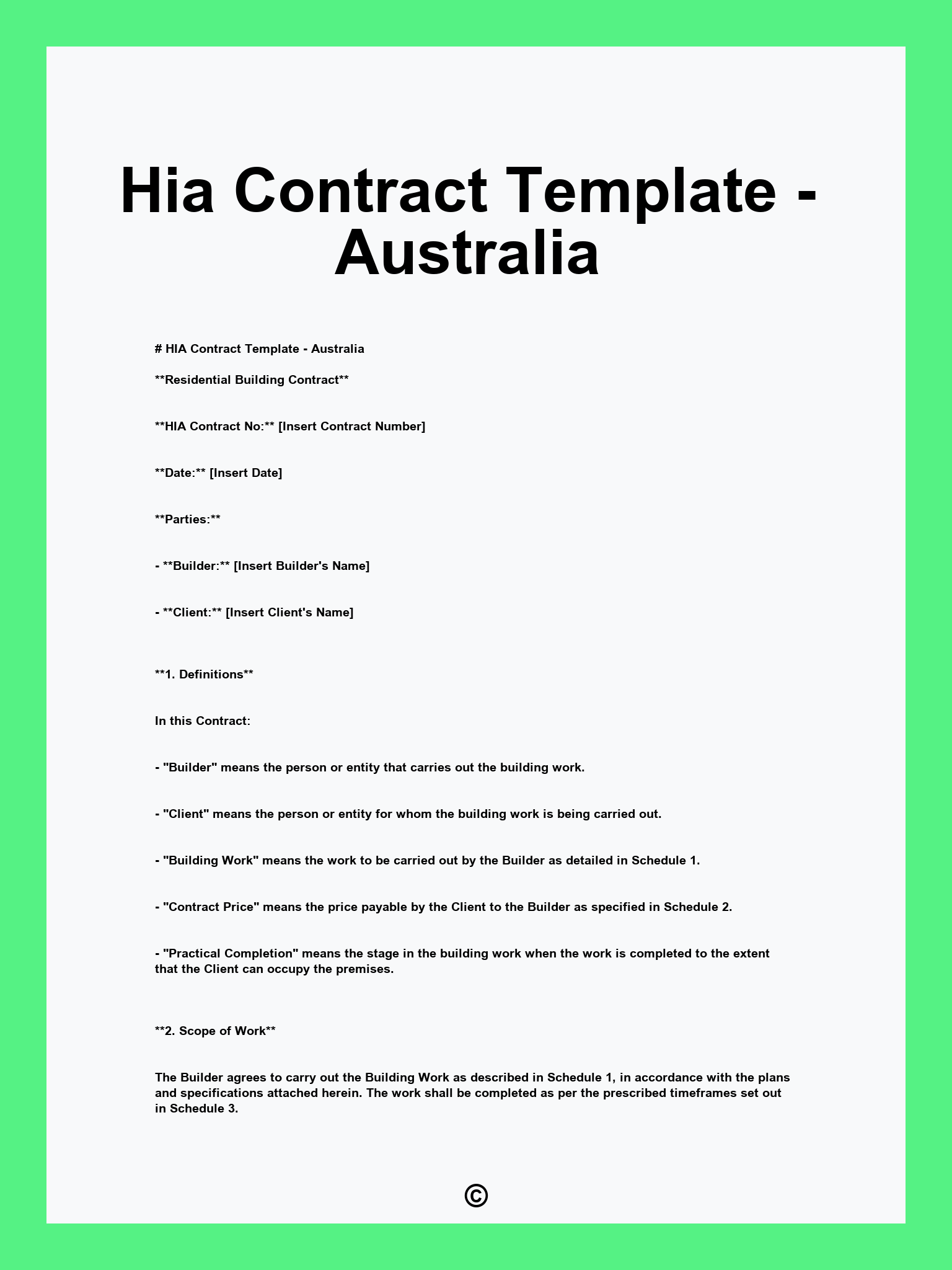 Hia Contract Template - Australia