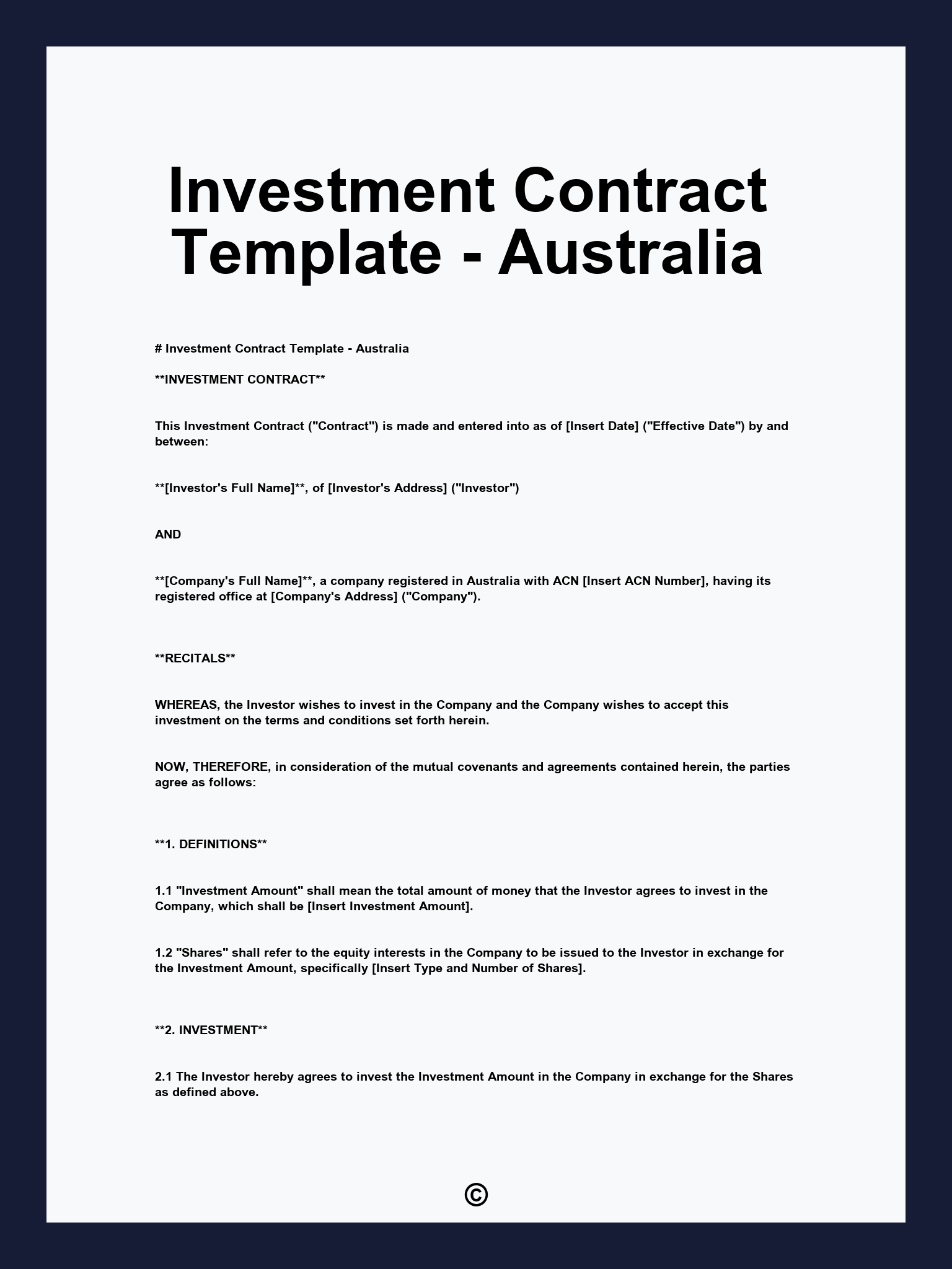 Investment Contract Template - Australia