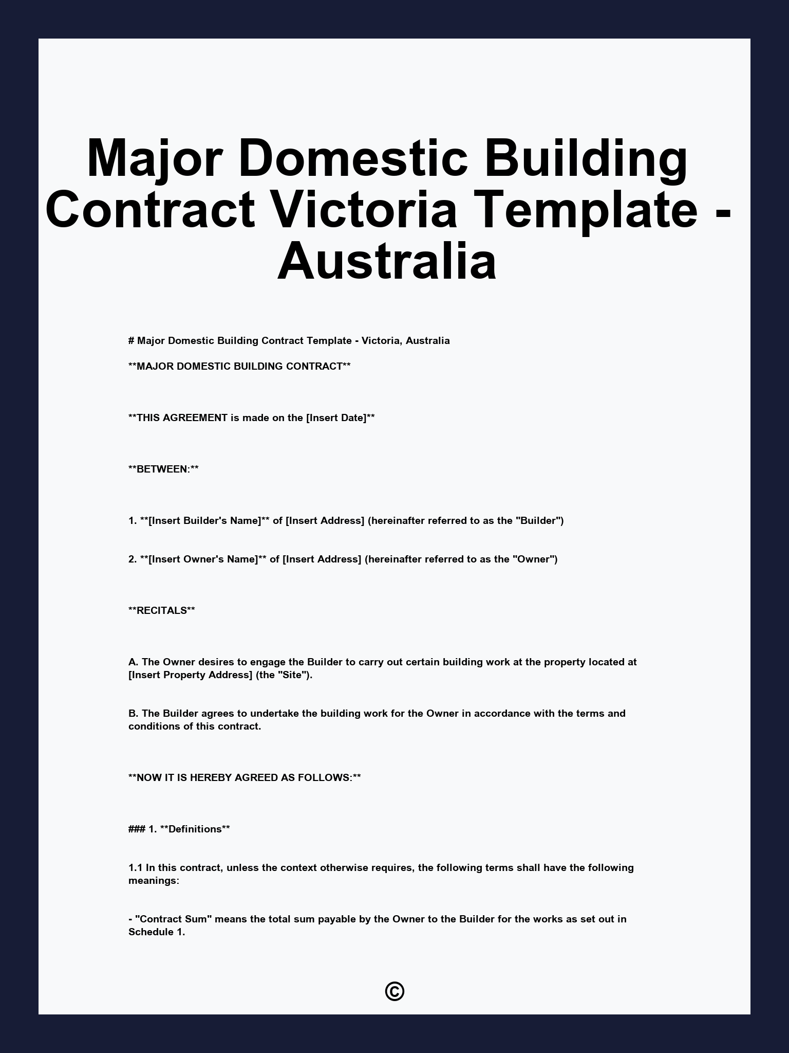 Major Domestic Building Contract Victoria Template - Australia