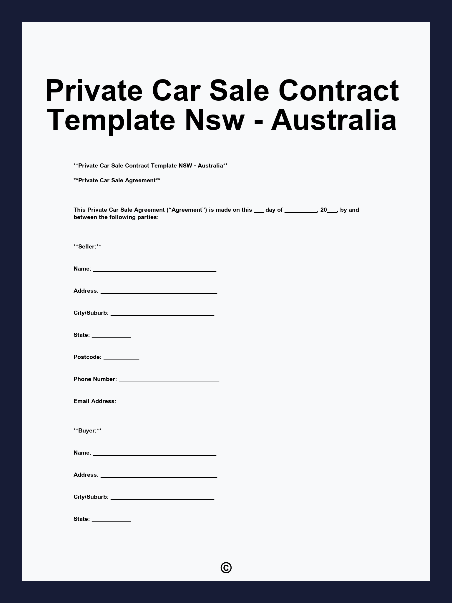 Private Car Sale Contract Template Nsw - Australia