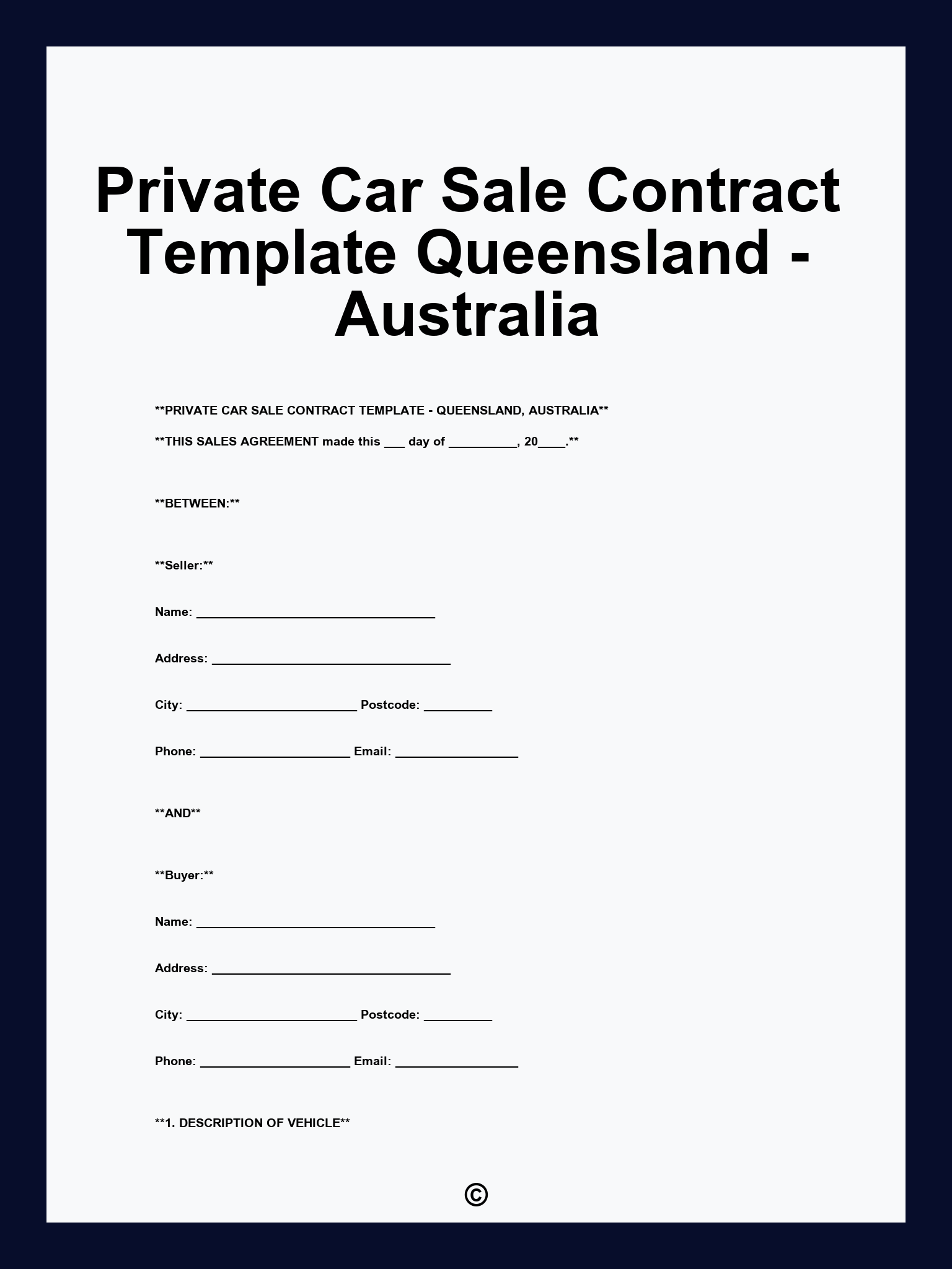 Private Car Sale Contract Template Queensland - Australia