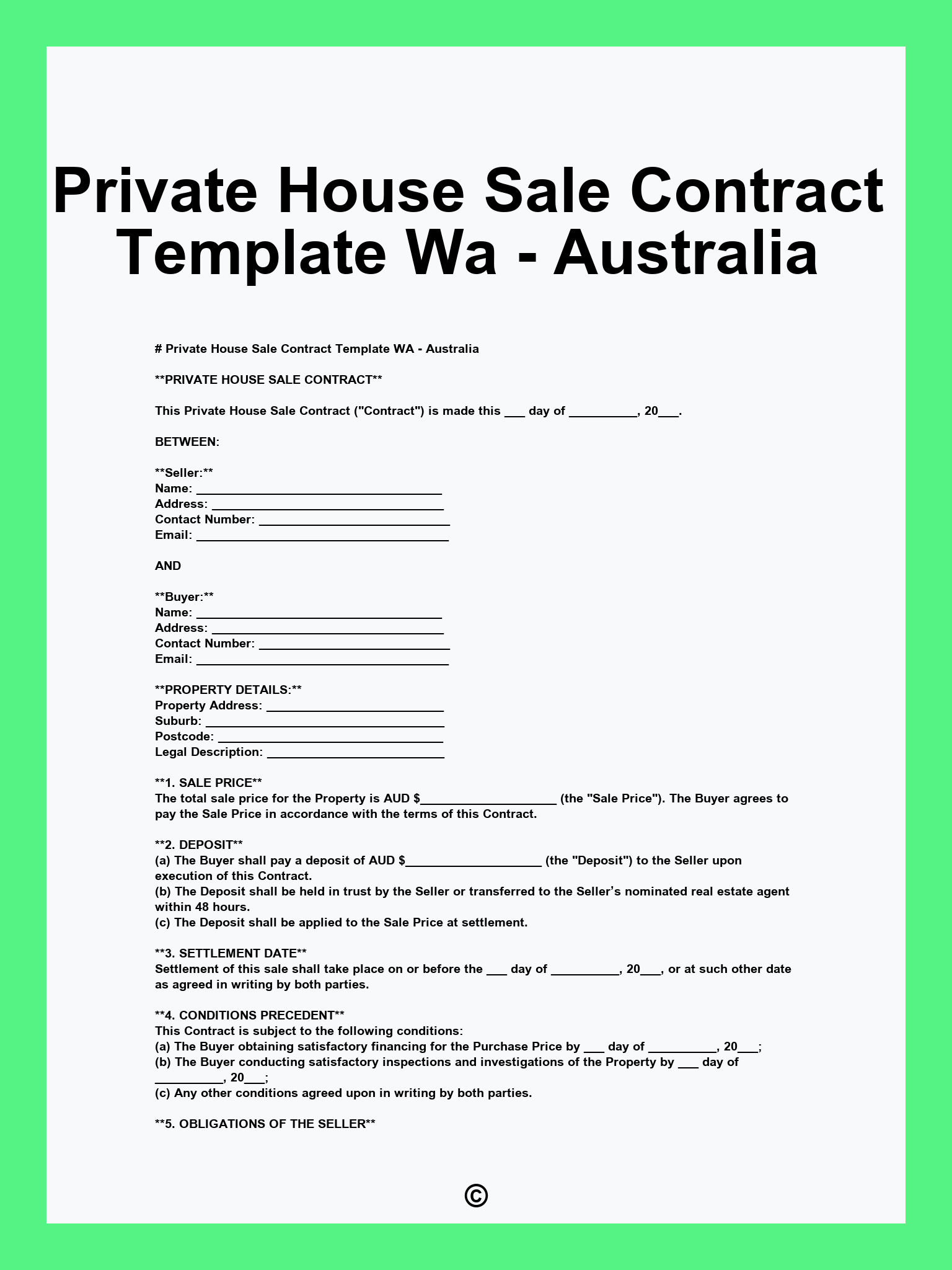 Private House Sale Contract Template Wa - Australia