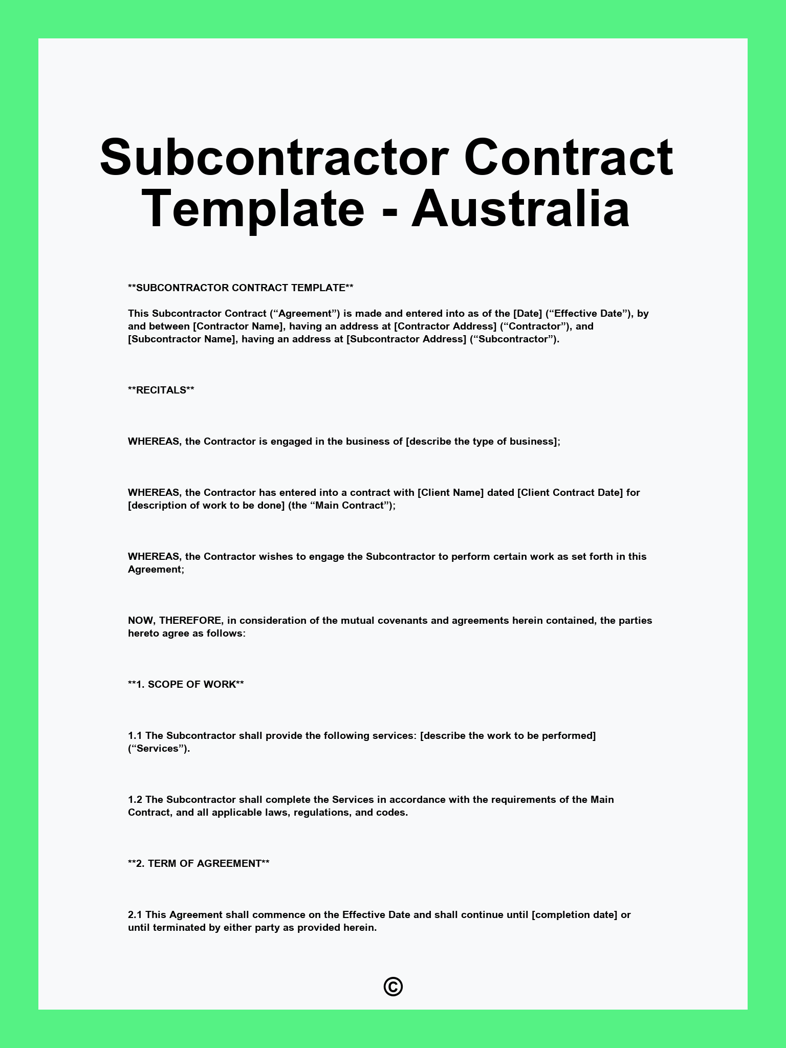 Subcontractor Contract Template - Australia