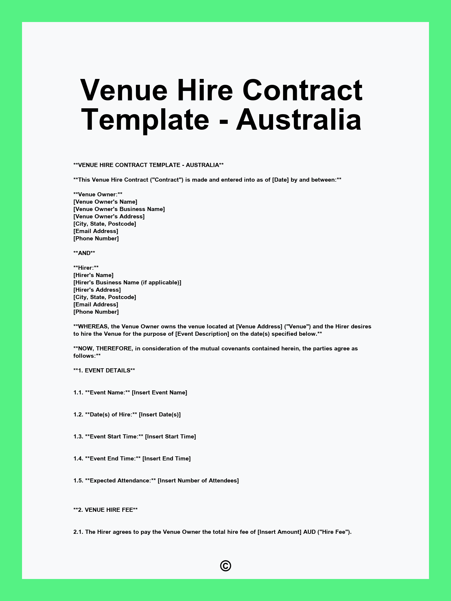 Venue Hire Contract Template - Australia